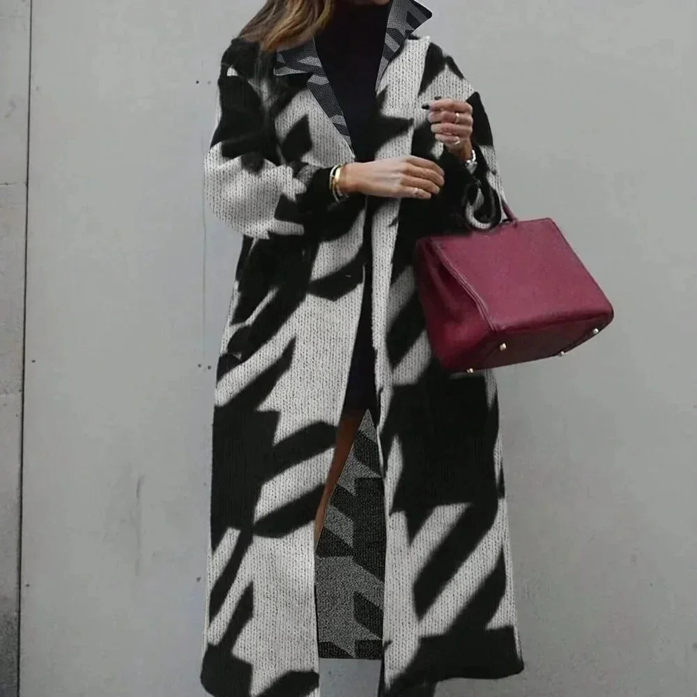 Black Casual Women's Contrast Color Long Sleeve Printed Knit Cardigan